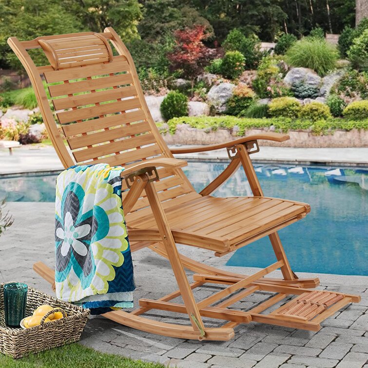 Large Bamboo Folding Rocking Chair Sun Chaise Lounger Recliner Chair With  Foot Massage Backrest Armrest For Outdoor Beach Home Living Room Patio 